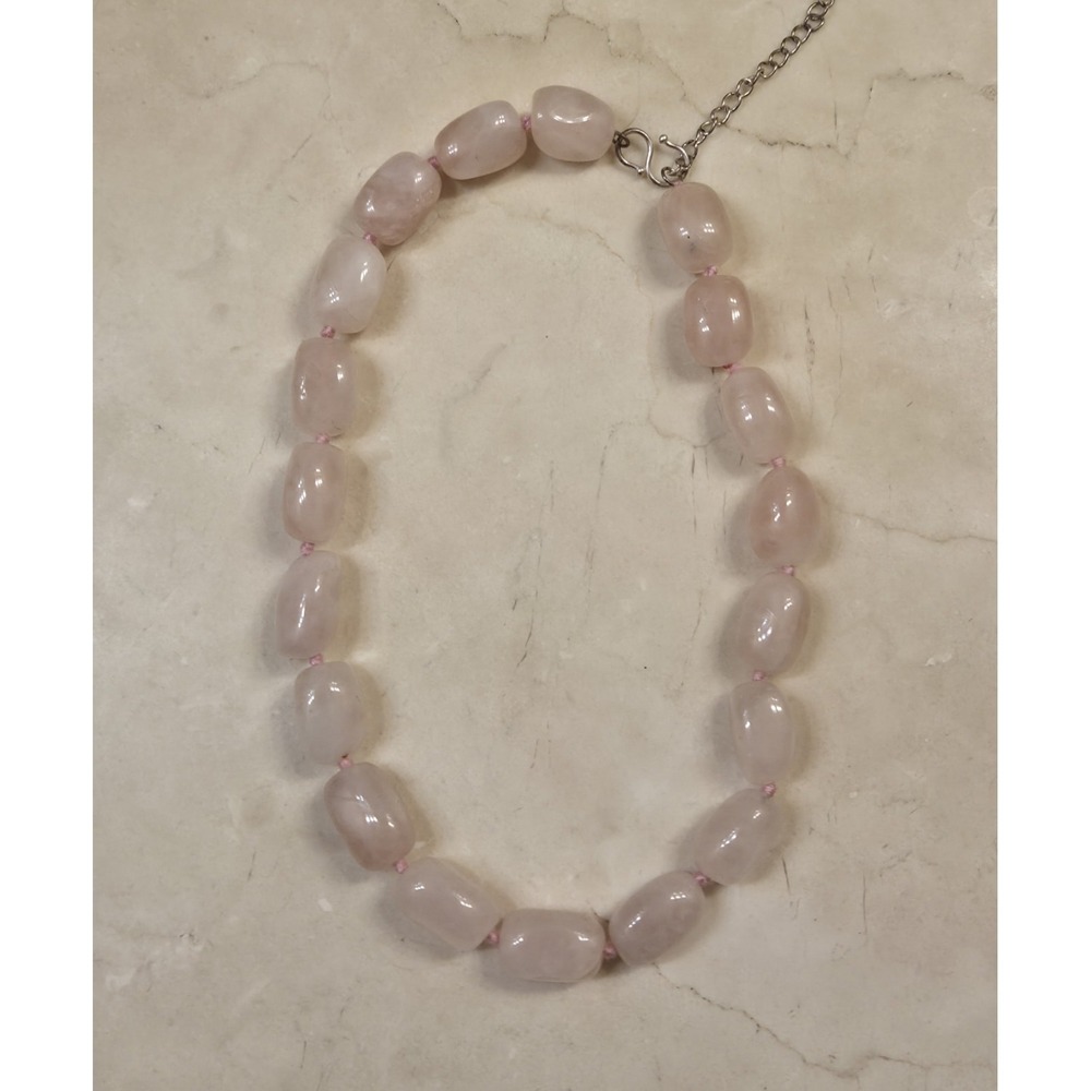 Chunky Rose Quarts Sterling Silver Hand Knotted Necklace Signed CJS 17-19" - Picture 3 of 5